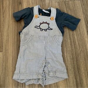 Striped Dino Short Overalls with Navy Tee - Kids